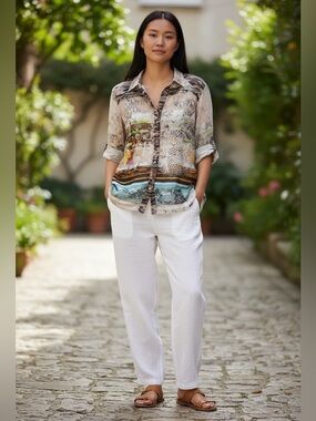 Just White SE Printed Button Down Blouse Size 44 US 14 Boho Art Top